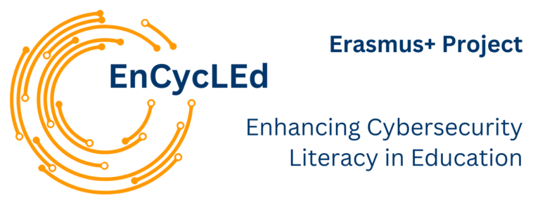 The project's logo is a circle made of different lines colored in orange. The project's name is EnCycLEd. The logo mark is completed by the phrase "Erasmus Plus Project" and the slogan "Enhancing Cybersecurity Literacy in Education".