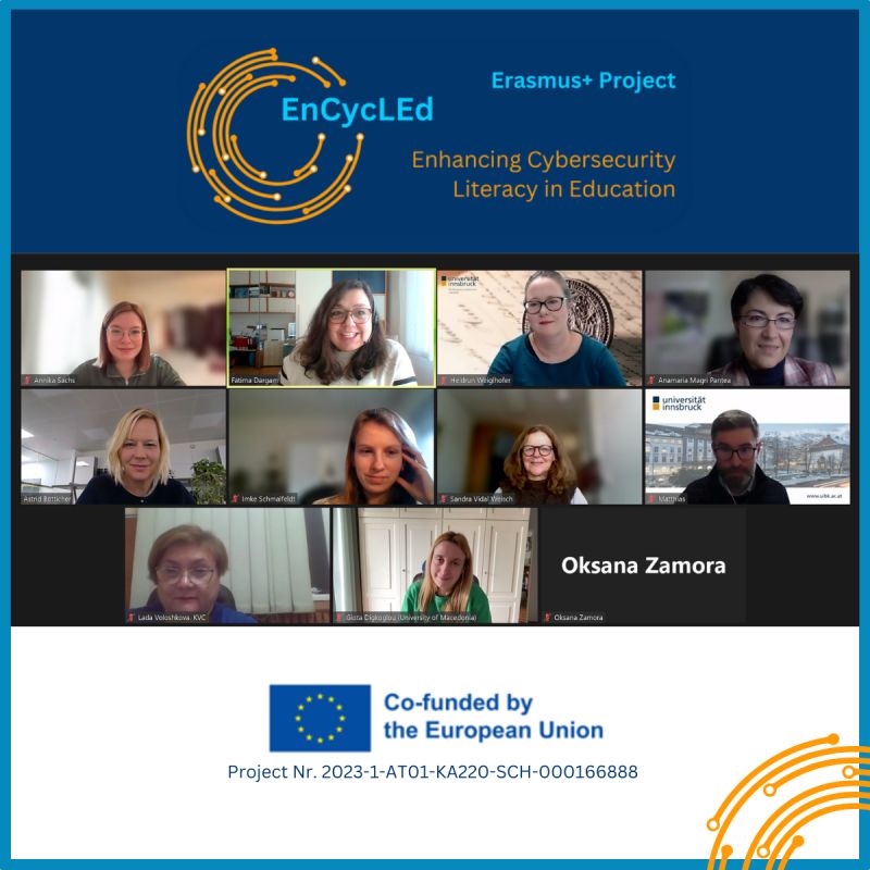On the top the orange logo of the project can be seen on a dark blue background with the project's name "EnCycLEd" and the phrase "Erasmus+ Project" in light blue and the project's full name "Enhancing Cybersecurity Literacy in Education" in orange can be seen. In the middle there is a Screenshot of a meeting with all the Partners of the Consotriuum. On the bottom of the post the European flag and the phrase "Co-funded by the European Union" can be seen on a white background.